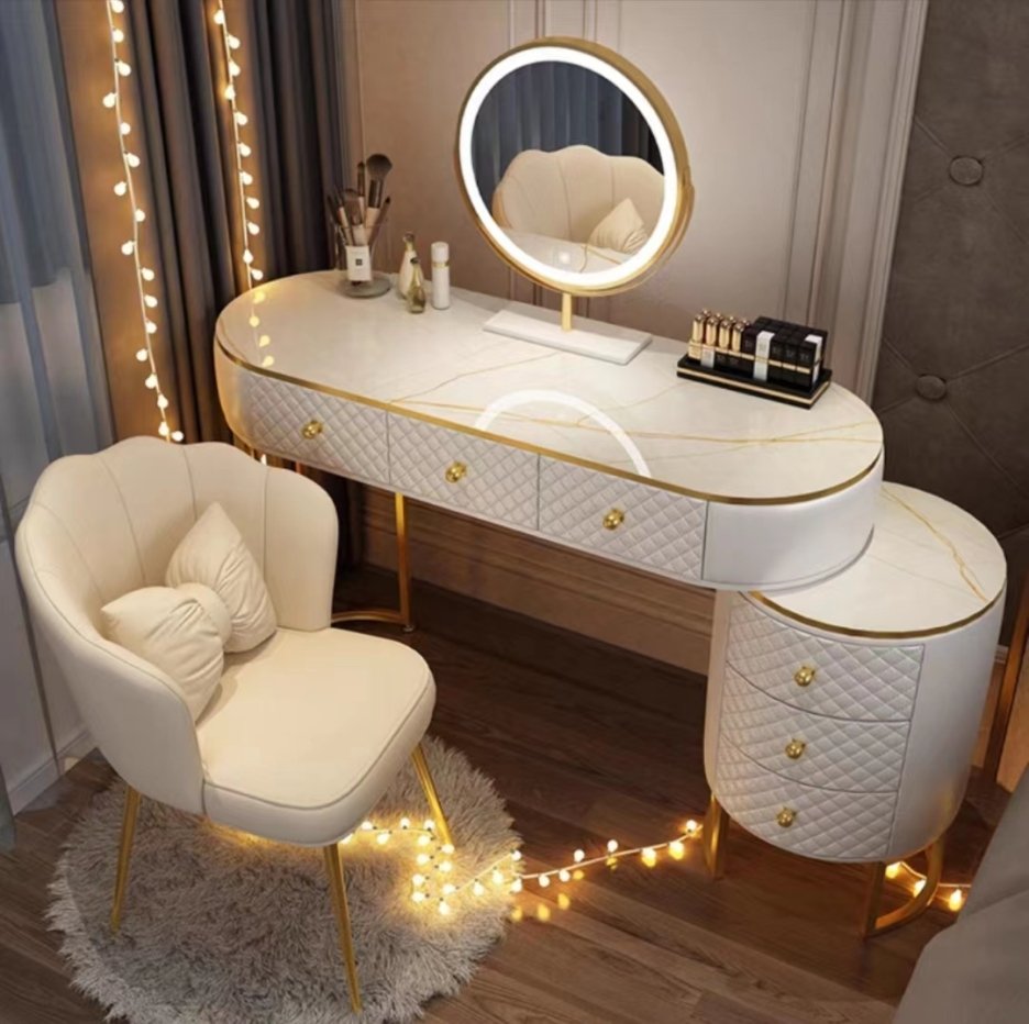 【Furniture】【BS】Dresser Table Vanity Makeup Table Set Makeup with 5 Drawers Dressing Table with Lighted Mirror
