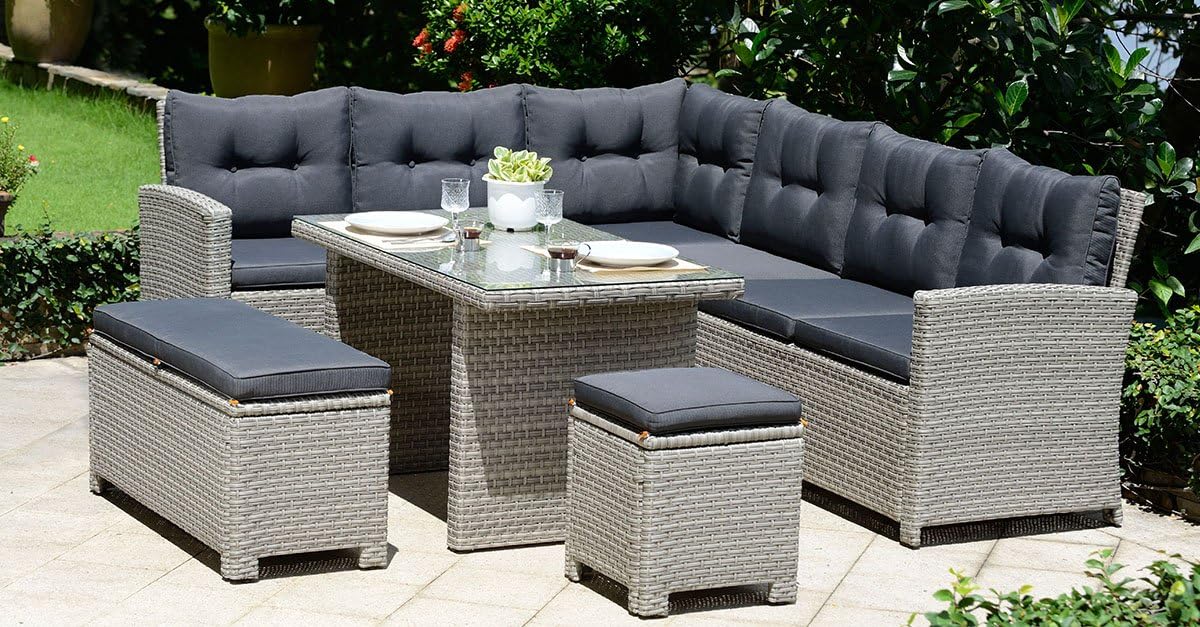 Backyard Furniture Barcelona Luxury 10 Seater Casual Dining Rattan Garden Set with Cushions, Grey, 191 x 177 x 87 cm