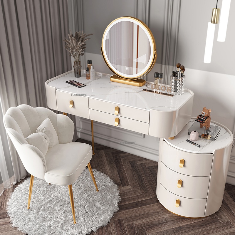 【Furniture】【BS】Nordic Dressing Table with Mirror, Stool & 3 Light Effect LED Mirrors, Golden Iron Dresser