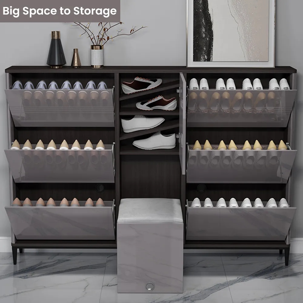 Ultra-thin Shoe Storage, 24 Pair Shoe Storage Cabinet with Stool for Hallway, Fully Assembled, Gray, 54”