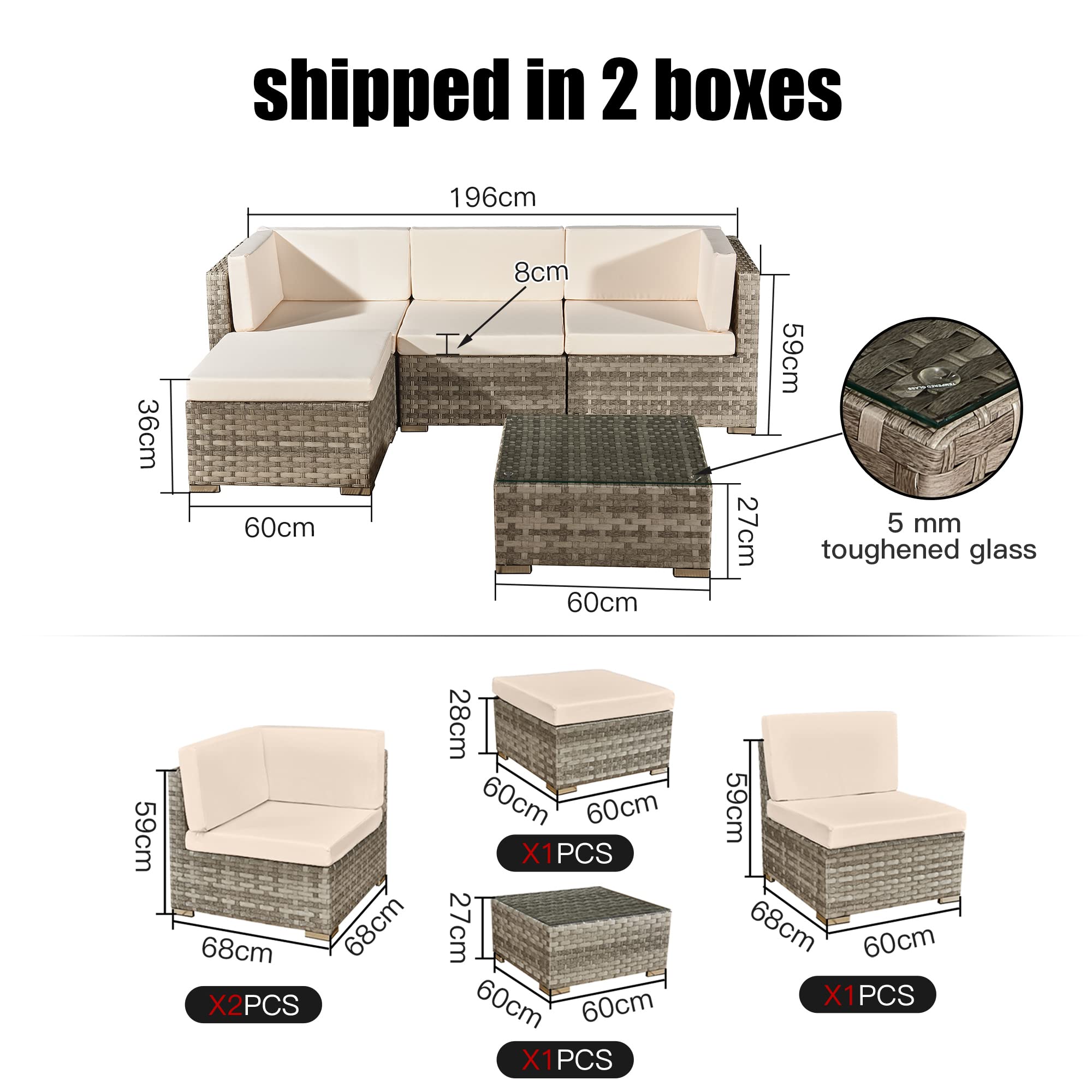 ASOWNSUN Rattan Garden Furniture Sets 4 Seater Patio Sofas with Coffee Table, Cushions, All-weather Outdoor Corner Sofa Patio Conversation Sets,Outdoor Furniture Sets Table Sofa Chair