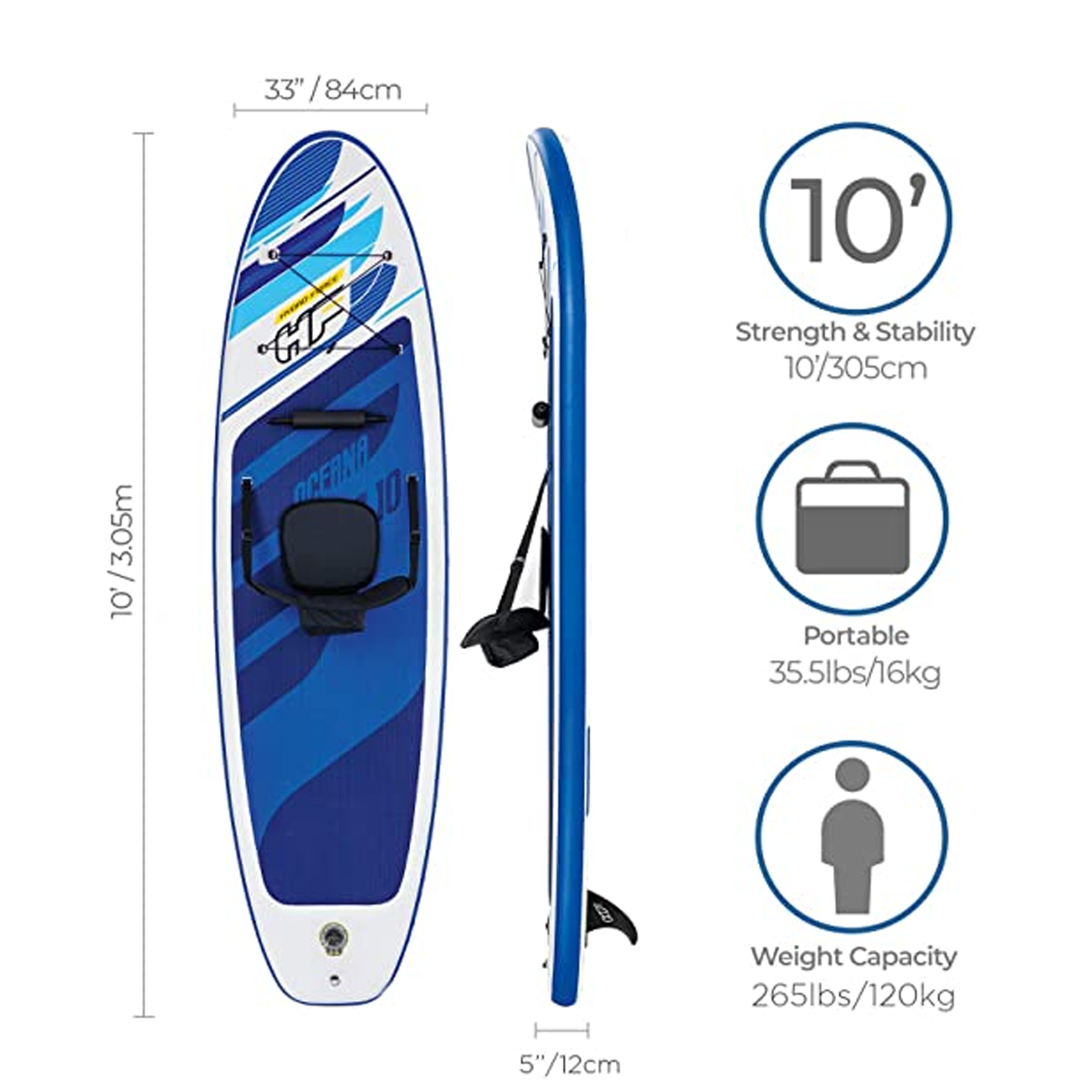 Hydro Force Oceana Inflatable Paddle Board, Kayak Conversion kit, SUP Board with Kayak Seatset with Carry Backpack, Pump, Paddle