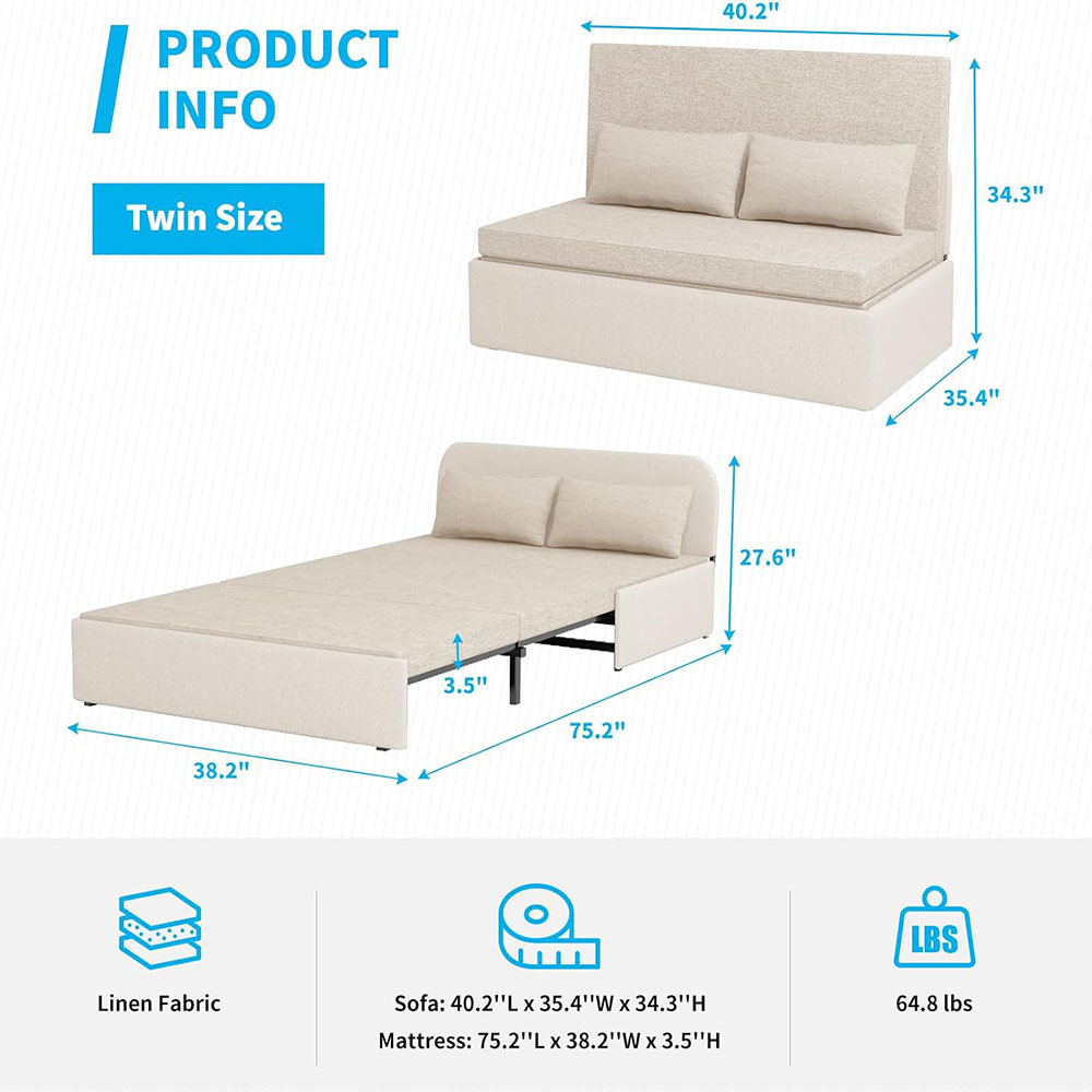 Mjkone Double Bed 2 in 1 Convertible Sofa Bed