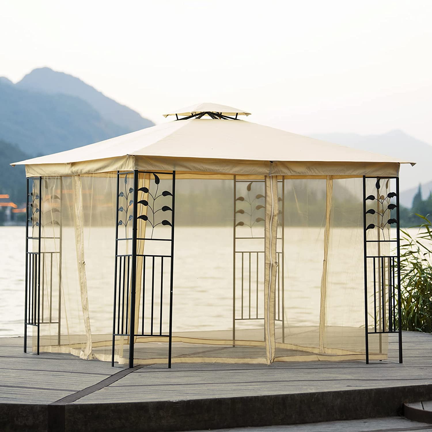 【Gazebo】【BS】10x10 Ft Patio BBQ Gazebo w/Side Wall & Mosquito Netting for Outdoor Party Activities, Beige