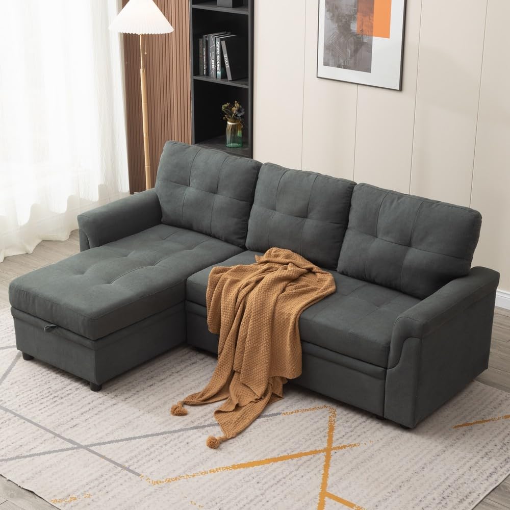 Panana 3 Seater Universal Sofa Bed Corner - Linen or Black Leather-Like Fabric Sofa Bed with Storage & Reversible Chaise (Grey Linen Fabric)