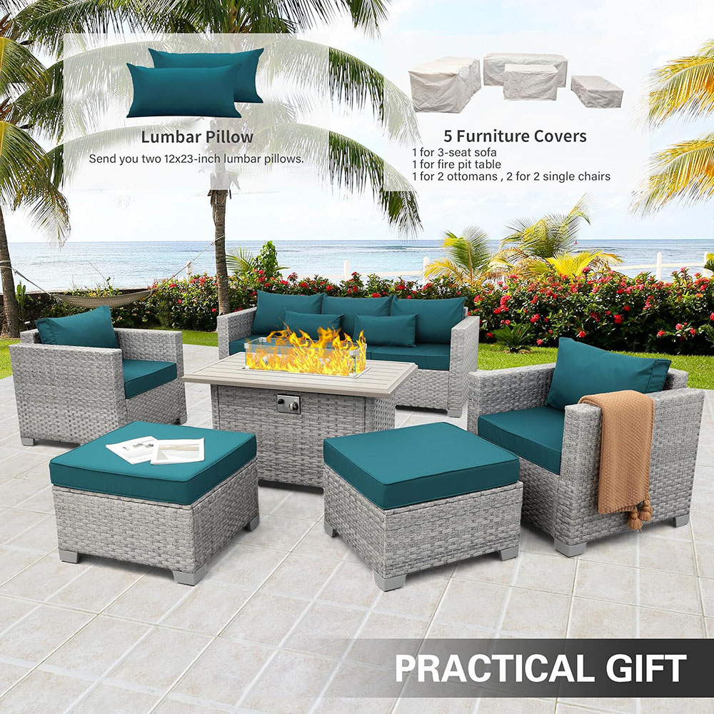 WAROOM patio furniture set 6 piece modular sofa PE rattan reception set with fire pit table