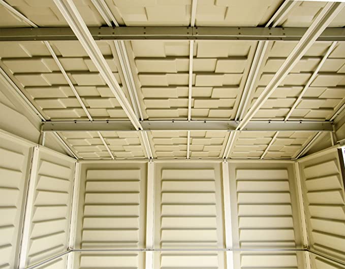 Duramax DuraPlus 8’ x 8’ Plastic Garden Storage Shed | Adobe & Brown| Fire Retardant & All-Weather Outdoor Solution | Store Bikes, Tools, BBQ & Home Gym| Strong Structure & Maintenance-Free Vinyl Shed