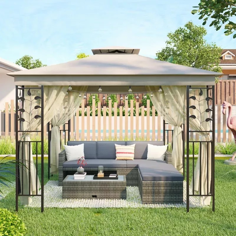 【Gazebo】【BS】10x10 Ft Patio BBQ Gazebo w/Side Wall & Mosquito Netting for Outdoor Party Activities, Beige