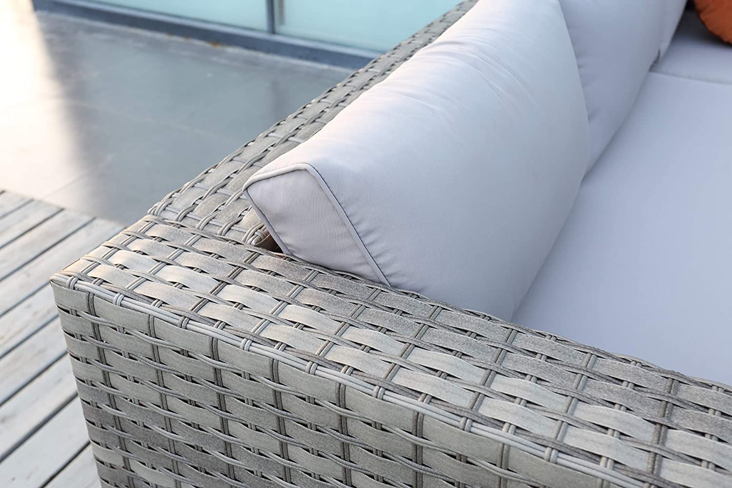 Ecosunny Rattan Garden Furniture Andrew 9 seaters Convertible Corner Sofa (288cm x 225cm x 81cm) Dining Table Set with Bench, Stool and Raincover, Flat pack - Mixed Grey Rattan and Light Grey Cushion