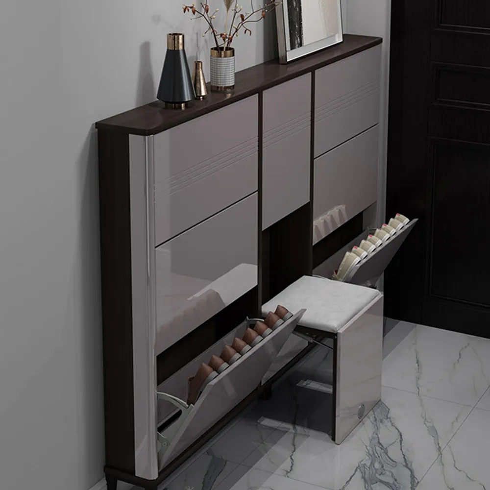 Ultra-thin Shoe Storage, 24 Pair Shoe Storage Cabinet with Stool for Hallway, Fully Assembled, Gray, 54”